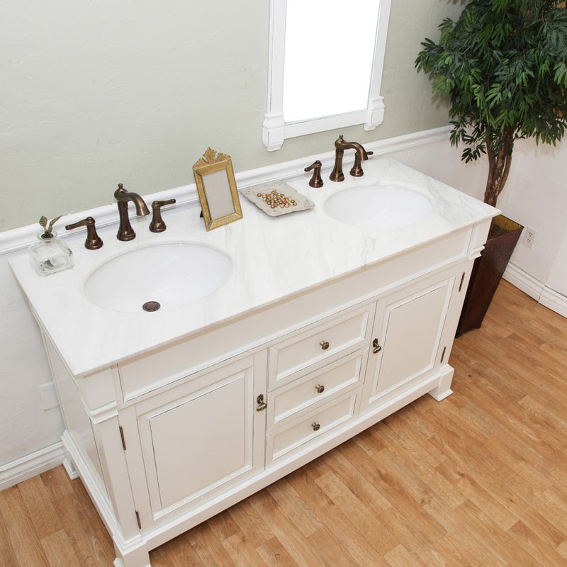 Bellaterra Home 205060-D-WH 60" vanity, White with rubbed edges, white marble top, angled view on a white background