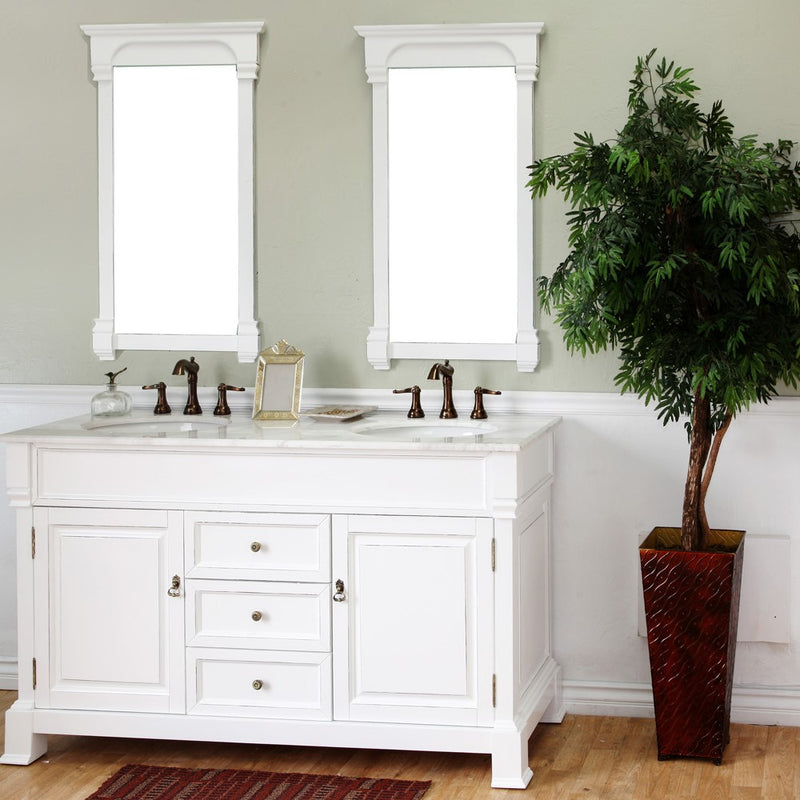 Bellaterra Home 205060-D-WH 60" vanity, White with rubbed edges, white marble top, front view on a white background