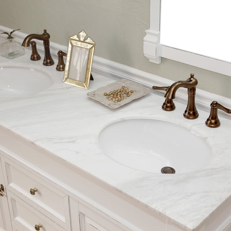 Bellaterra Home 205060-D-WH 60" vanity, White with rubbed edges, white marble top, countertop and sink close-up