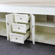 Bellaterra Home 205072-D-CR 72" vanity, Cream White with rubbed edges, cream marble top, angled view with doors open showing