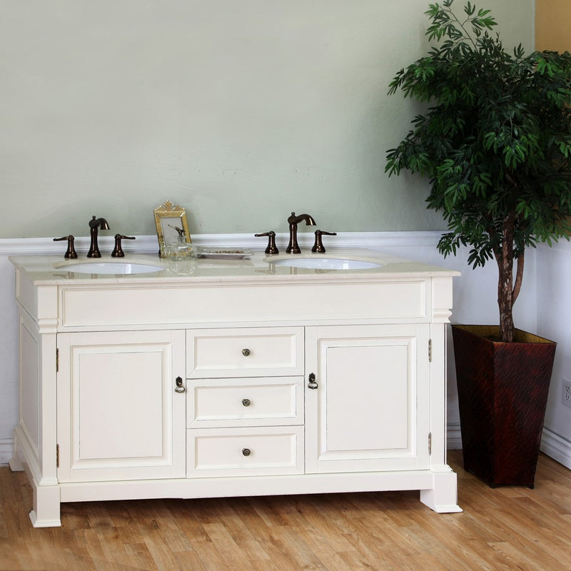 Bellaterra Home 205072-D-CR 72" vanity, Cream White with rubbed edges, cream marble top, front view on a white background