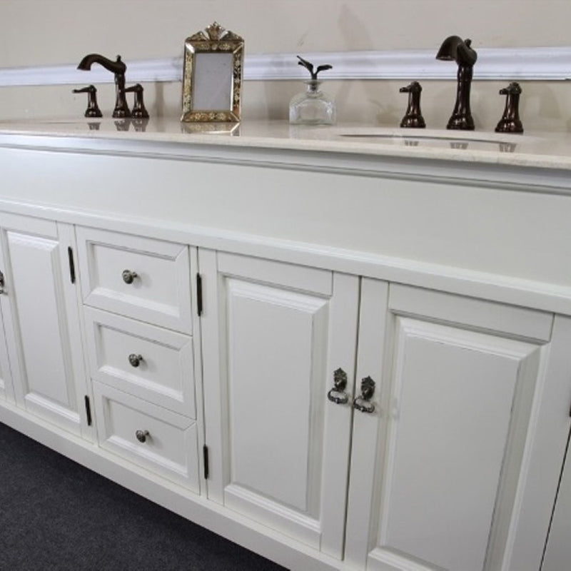 Bellaterra Home 205072-D-CR 72" vanity, Cream White with rubbed edges, cream marble top, front closeup