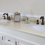 Bellaterra Home 205072-D-CR 72" vanity, Cream White with rubbed edges, cream marble top, countertop and sink close-up