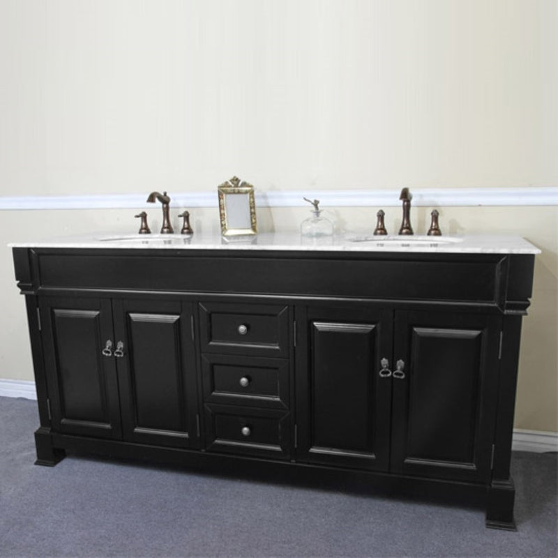Bellaterra Home 205072-D-ES 72" vanity, Espresso, white marble top, front view on a white background