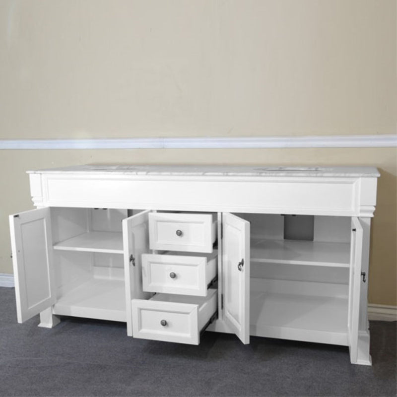 Bellaterra Home 205072-D-WH 72" vanity, White with rubbed edges, white marble top, angled view with doors open showing the