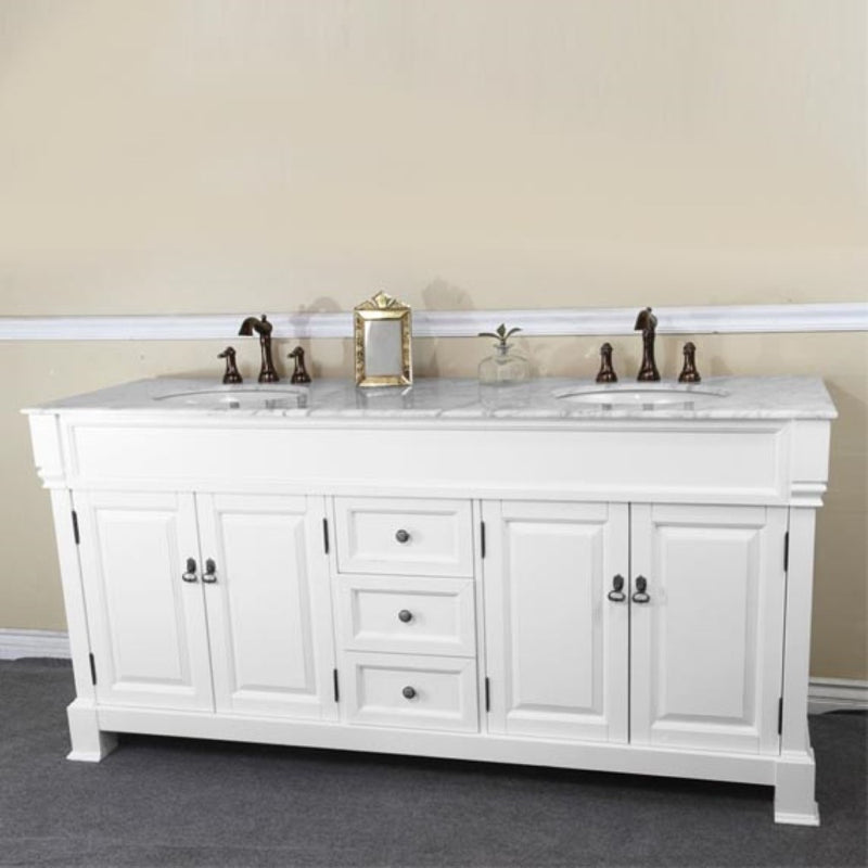 Bellaterra Home 205072-D-WH 72" vanity, White with rubbed edges, white marble top, front view on a white background