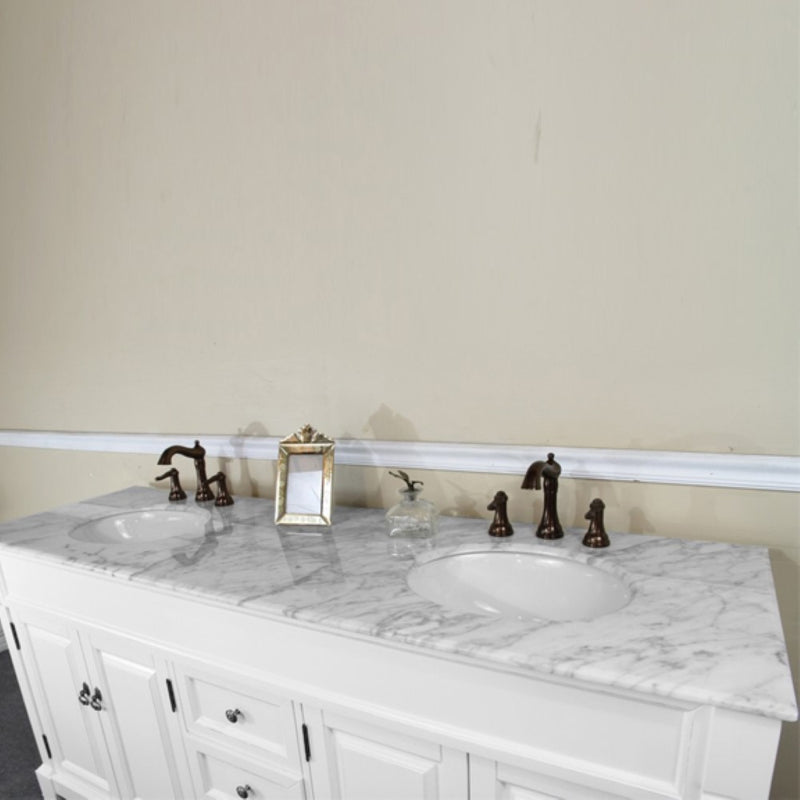 Bellaterra Home 205072-D-WH 72" vanity, White with rubbed edges, white marble top, countertop and sink close-up