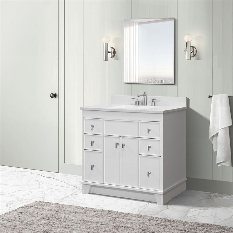 Bellaterra Home 3922-BN-WH-AQ Lagos 39" vanity, White, white engineered stone top, installed in a bathroom