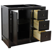 Bellaterra Home 400100-36L-BA Plantation 36" vanity cabinet, Brown Ash, angled view with doors open showing the shelf