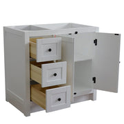 Bellaterra Home 400100-36R-GA Plantation 36" vanity cabinet, Glacier Ash, angled view with doors open showing the shelf
