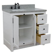 Bellaterra Home 400100-37L-GA-GYR Plantation 37" vanity, Glacier Ash, gray granite top, angled view with doors open showing
