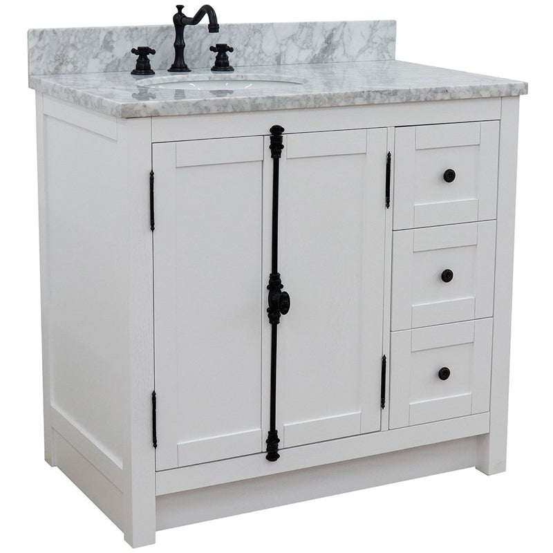 Bellaterra Home 400100-37L-GA-WMO 37" vanity, Glacier Ash, White Carrara top, left doors, three-quarter view