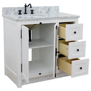 Bellaterra Home 400100-37L-GA-WMO 37" vanity, Glacier Ash, White Carrara top, left doors, door and drawers open