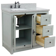 Bellaterra Home 400100-37L-GYA-GYR Plantation 37" vanity, Gray Ash, gray granite top, angled view with doors open showing