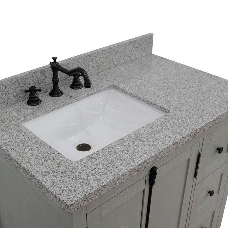 Bellaterra Home 400100-37L-GYA-GYR Plantation 37" vanity, Gray Ash, gray granite top, countertop and sink close-up