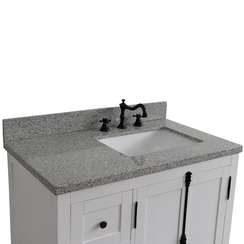Bellaterra Home 400100-37R-GA-GYR Plantation 37" vanity, Glacier Ash, gray granite top, countertop and sink close-up