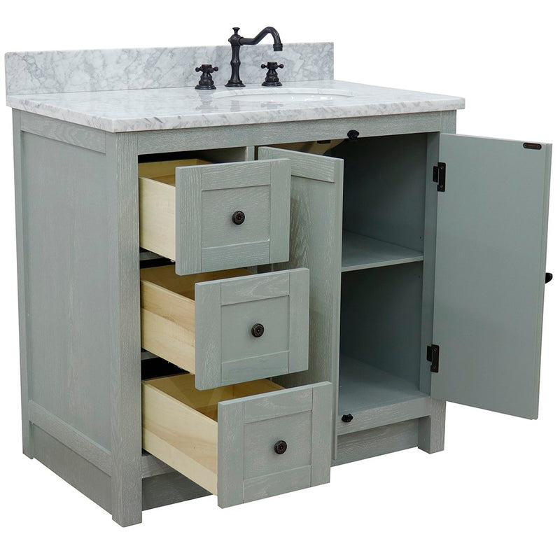 Bellaterra Home 400100-37R-GYA-WMO Plantation 37" vanity, Gray Ash, White Carrara marble top, angled view with doors open