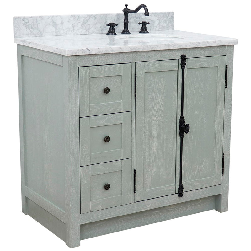 Bellaterra Home 400100-37R-GYA-WMO Plantation 37" vanity, Gray Ash, White Carrara marble top, front view on a white