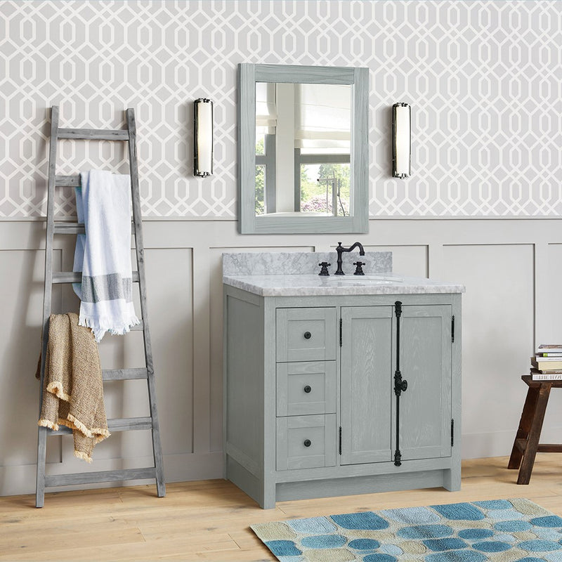Bellaterra Home 400100-37R-GYA-WMO Plantation 37" vanity, Gray Ash, White Carrara marble top, installed in a bathroom