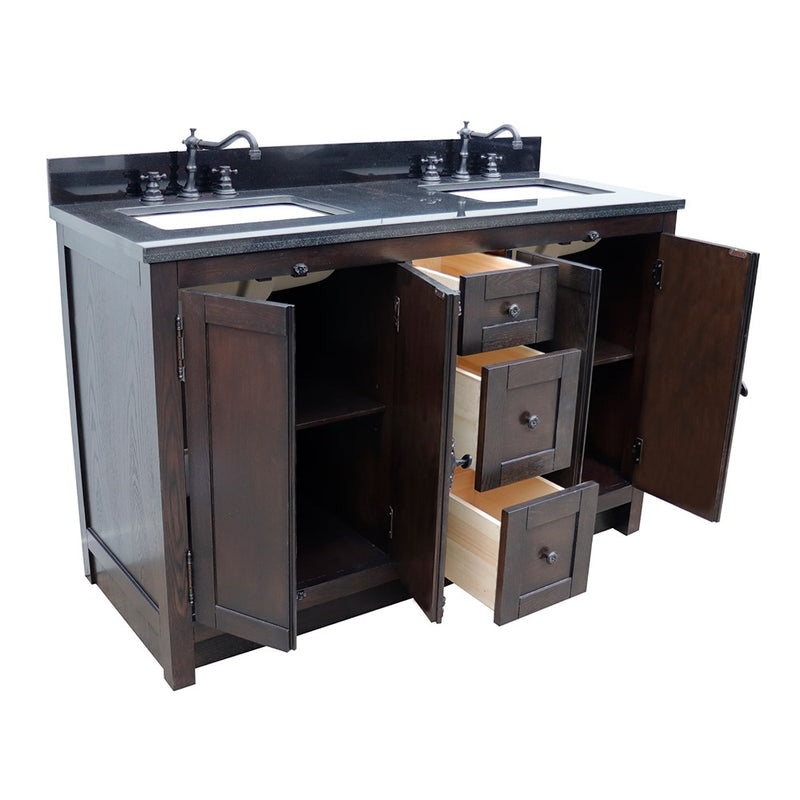 Bellaterra Home 400100-55-BA-BG Plantation 55" vanity, Brown Ash, Black Galaxy granite top, angled view with doors open