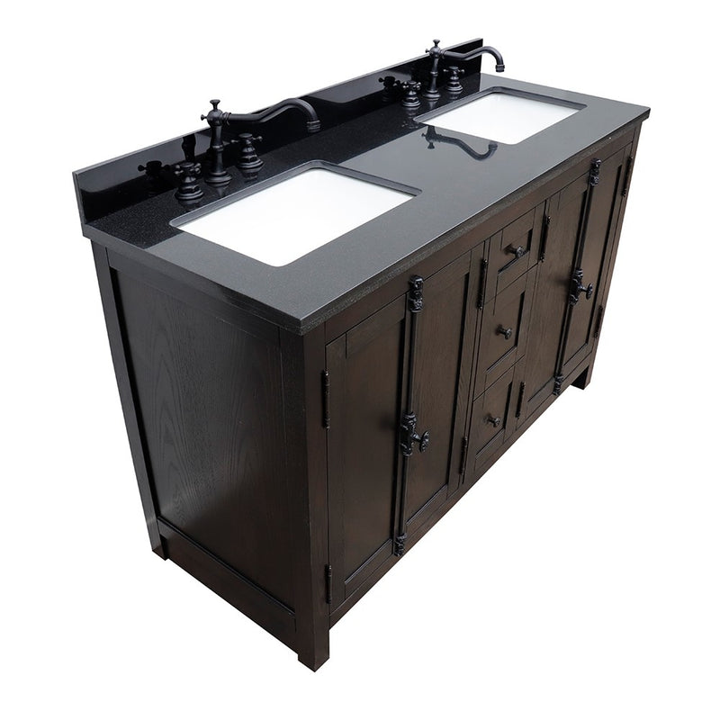 Bellaterra Home 400100-55-BA-BG Plantation 55" vanity, Brown Ash, Black Galaxy granite top, elevated angle