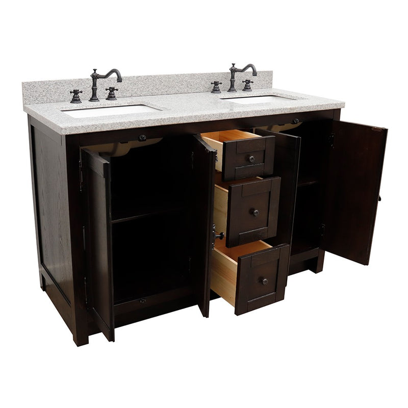 Bellaterra Home 400100-55-BA-GY Plantation 55" vanity, Brown Ash, gray granite top, angled view with doors open showing the