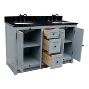 Bellaterra Home 400100-55-GYA-BG Plantation 55" vanity, Gray Ash, Black Galaxy granite top, angled view with doors open