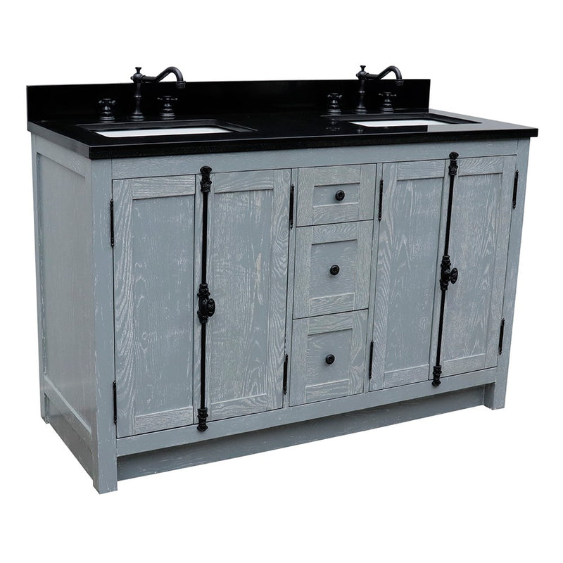 Bellaterra Home 400100-55-GYA-BG Plantation 55" vanity, Gray Ash, Black Galaxy granite top, front view on a white background