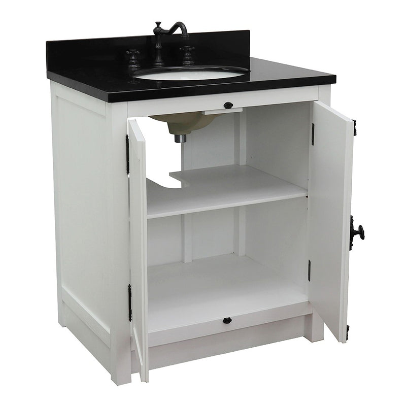 Bellaterra Home 400100-GA-BGO Plantation 31" vanity, Glacier Ash, Black Galaxy granite top, angled view with doors open