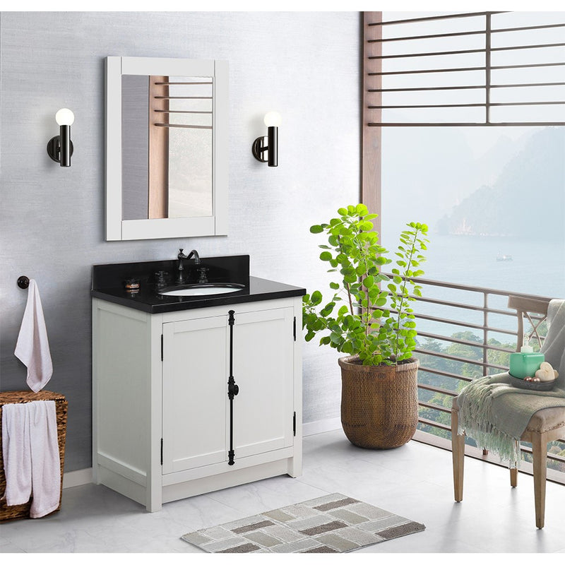 Bellaterra Home 400100-GA-BGO Plantation 31" vanity, Glacier Ash, Black Galaxy granite top, installed in a bathroom