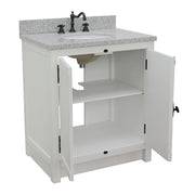 Bellaterra Home 400100-GA-GYO Plantation 31" vanity, Glacier Ash, gray granite top, angled view with doors open showing the