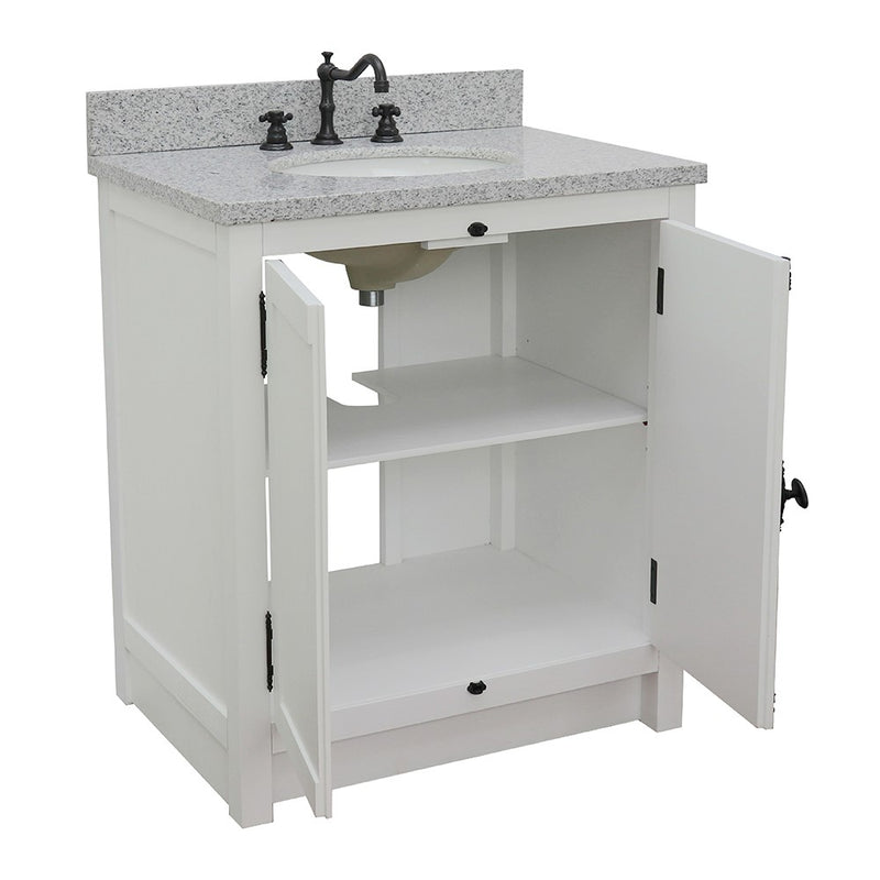 Bellaterra Home 400100-GA-GYO Plantation 31" vanity, Glacier Ash, gray granite top, angled view with doors open showing the