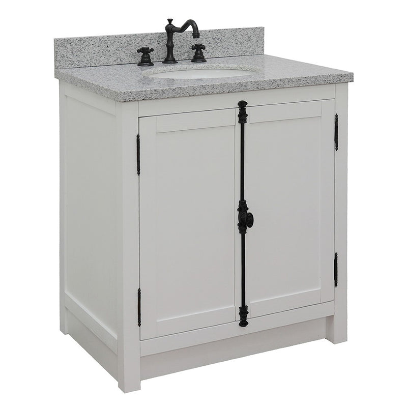 Bellaterra Home 400100-GA-GYO Plantation 31" vanity, Glacier Ash, gray granite top, front view on a white background