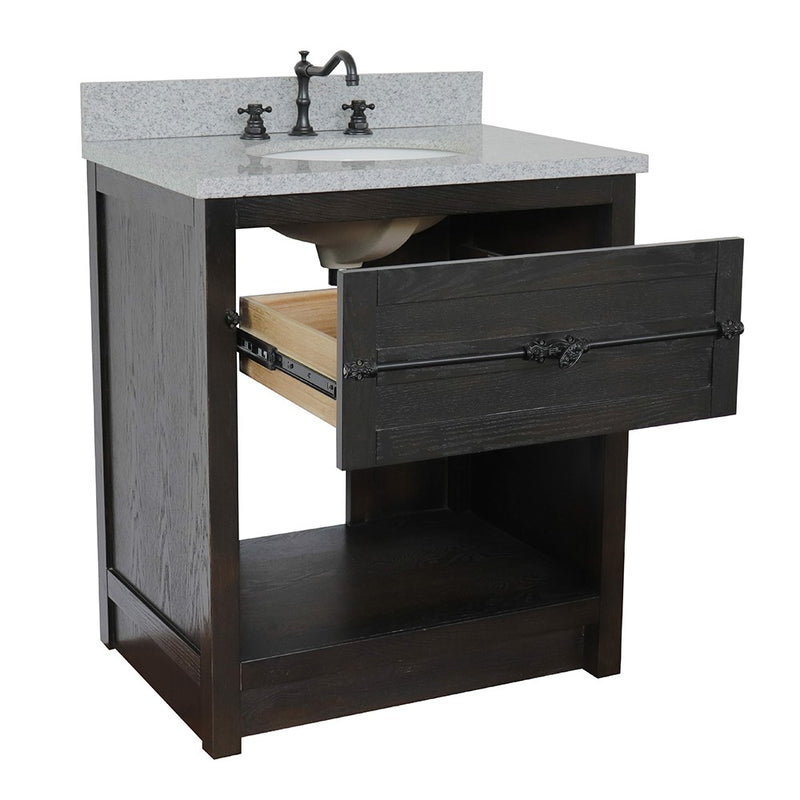 Bellaterra Home 400101-BA-GYO Plantation 31" vanity, Brown Ash, gray granite top, angled view with the drawer open