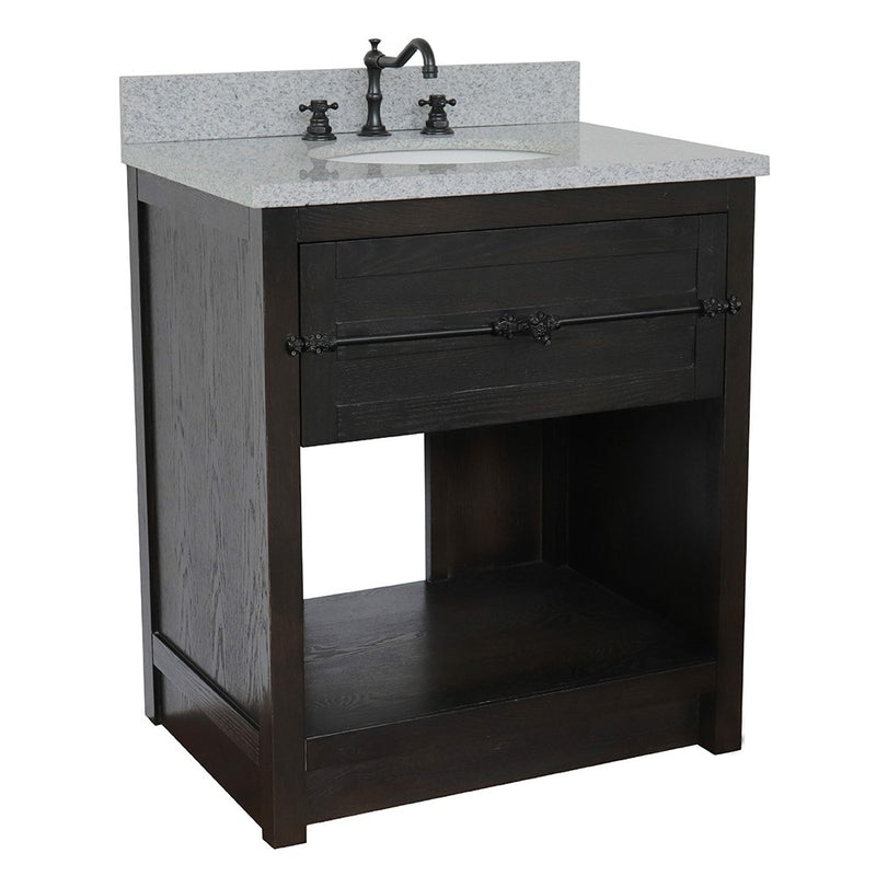 Bellaterra Home 400101-BA-GYO Plantation 31" vanity, Brown Ash, gray granite top, front view on a white background