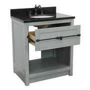 Bellaterra Home 400101-GYA-BGO Plantation 31" vanity, Gray Ash, Black Galaxy granite top, angled view with the drawer open