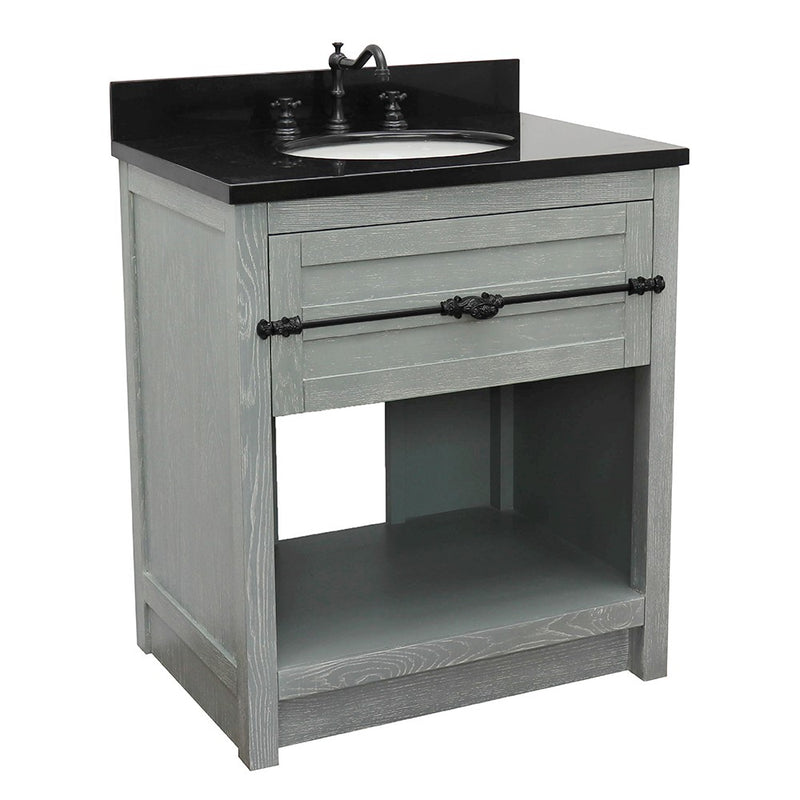 Bellaterra Home 400101-GYA-BGO Plantation 31" vanity, Gray Ash, Black Galaxy granite top, front view on a white background