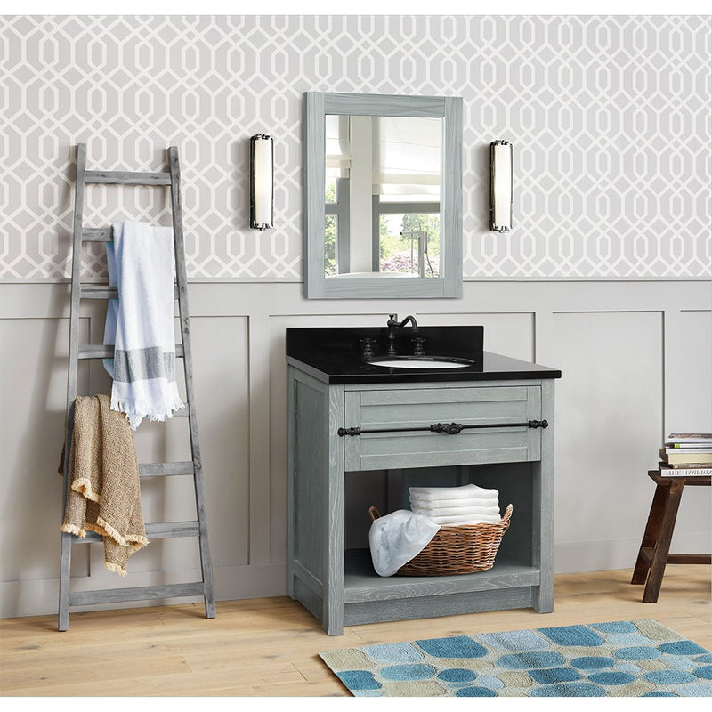 Bellaterra Home 400101-GYA-BGO Plantation 31" vanity, Gray Ash, Black Galaxy granite top, installed in a bathroom