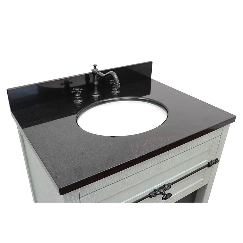 Bellaterra Home 400101-GYA-BGO Plantation 31" vanity, Gray Ash, Black Galaxy granite top, countertop and sink close-up