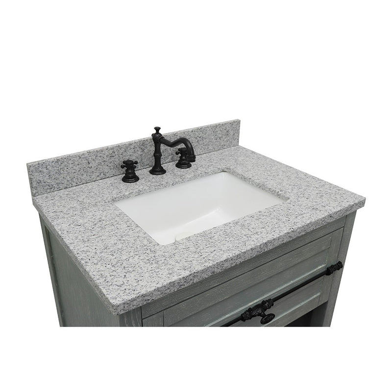 Bellaterra Home 400101-GYA-GYR Plantation 31" vanity, Gray Ash, gray granite top, countertop and sink close-up