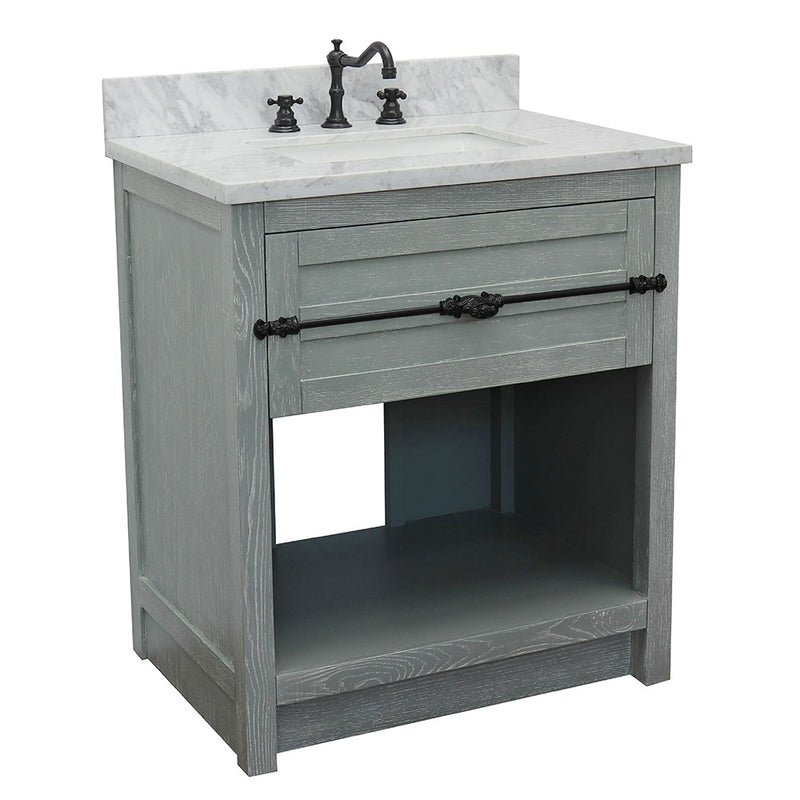 Bellaterra Home 400101-GYA-WMR Plantation 31" vanity, Gray Ash, White Carrara marble top, front view on a white background