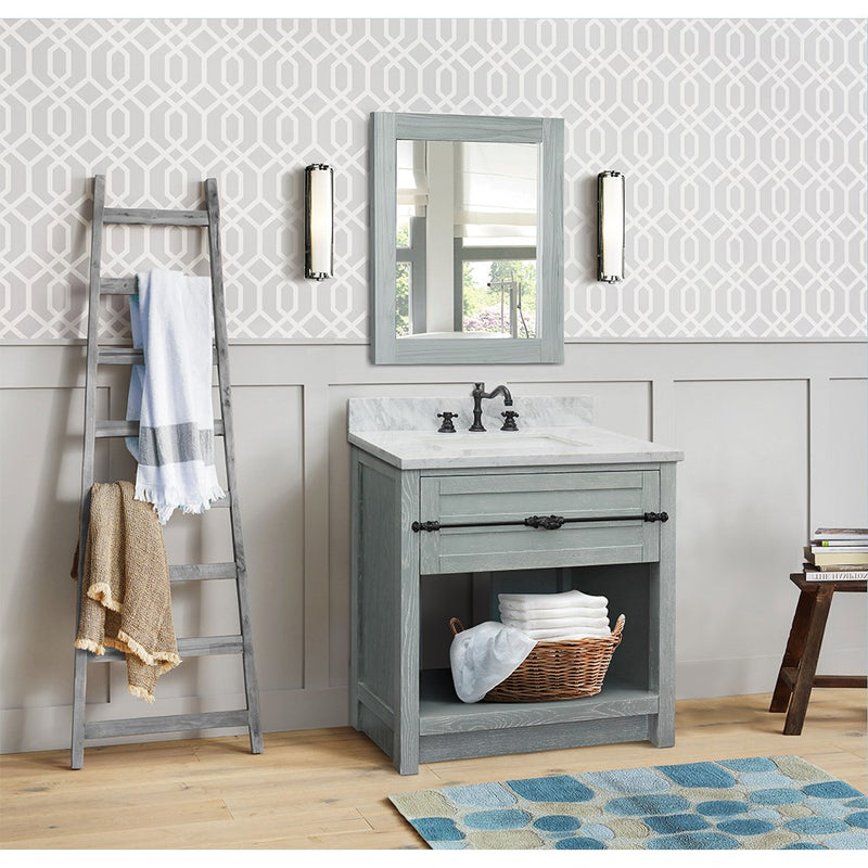 Bellaterra Home 400101-GYA-WMR Plantation 31" vanity, Gray Ash, White Carrara marble top, installed in a bathroom