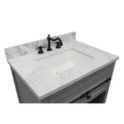 Bellaterra Home 400101-GYA-WMR Plantation 31" vanity, Gray Ash, White Carrara marble top, countertop and sink close-up