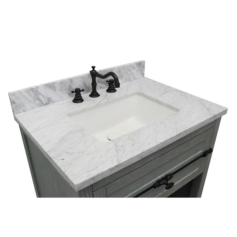 Bellaterra Home 400101-GYA-WMR Plantation 31" vanity, Gray Ash, White Carrara marble top, countertop and sink close-up