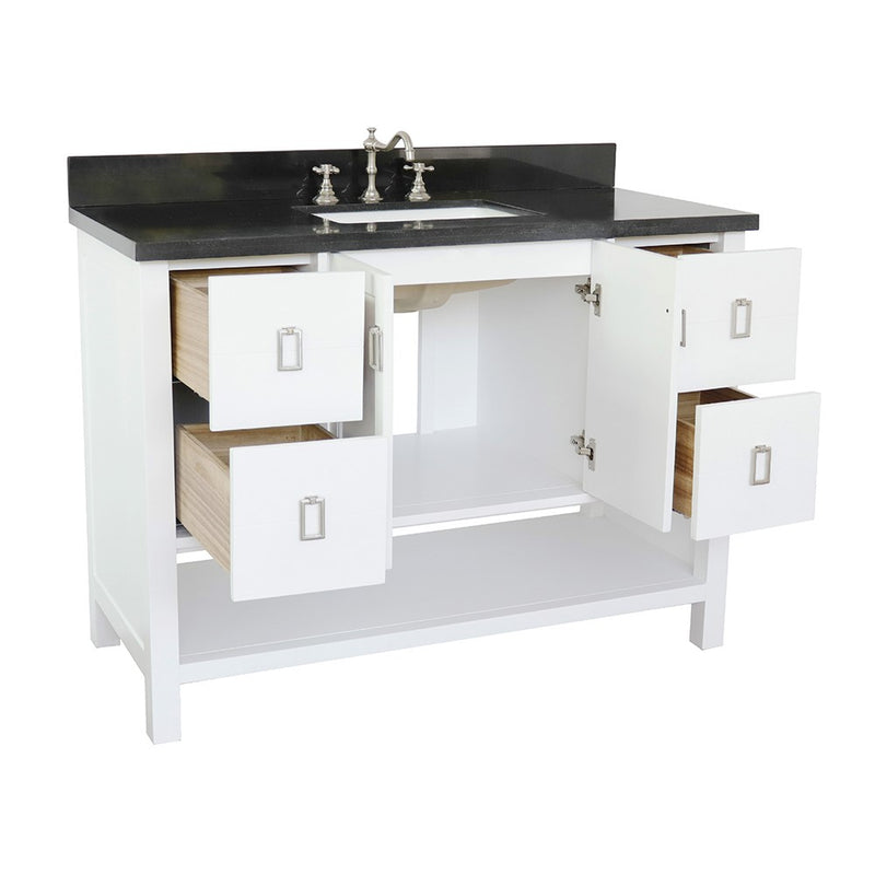 Bellaterra Home 400300-WH-BGR Monterey 49" vanity, White, Black Galaxy granite top, angled view with doors open showing the
