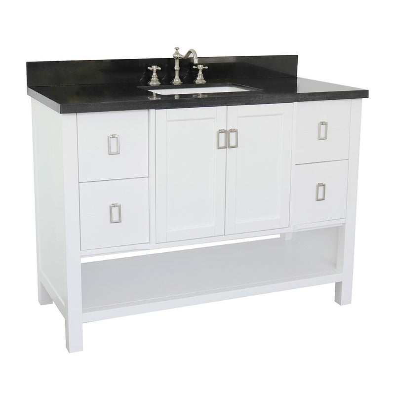 Bellaterra Home 400300-WH-BGR Monterey 49" vanity, White, Black Galaxy granite top, angled view on a white background