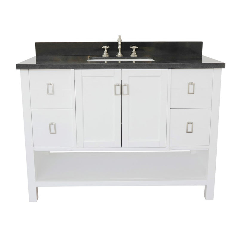 Bellaterra Home 400300-WH-BGR Monterey 49" vanity, White, Black Galaxy granite top, front view on a white background