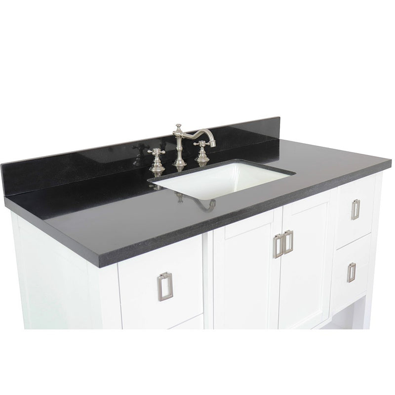 Bellaterra Home 400300-WH-BGR Monterey 49" vanity, White, Black Galaxy granite top, countertop and sink close-up