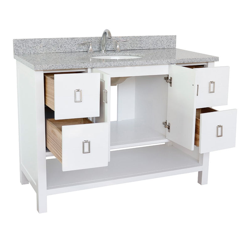 Bellaterra Home 400300-WH-GYO Monterey 49" vanity, White, gray granite top, angled view with doors open showing the shelf