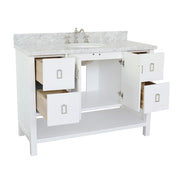Bellaterra Home 400300-WH-WMO Monterey 49" vanity, White, White Carrara marble top, angled view with doors open showing the